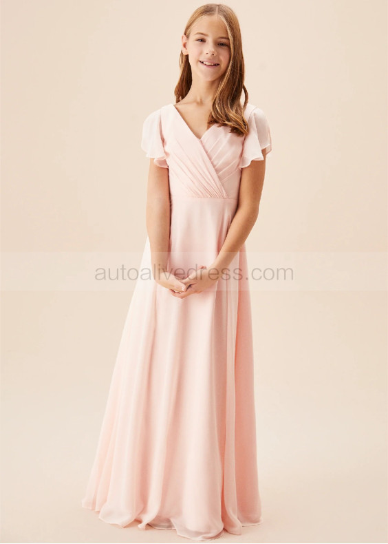 Flutter Sleeves Petal Pleated Chiffon Junior Bridesmaid Dress